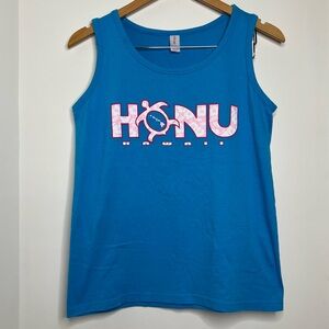 Cotton Magic Honu Turtle Hawaiian Tank Top Size Medium Blue Pink Floral